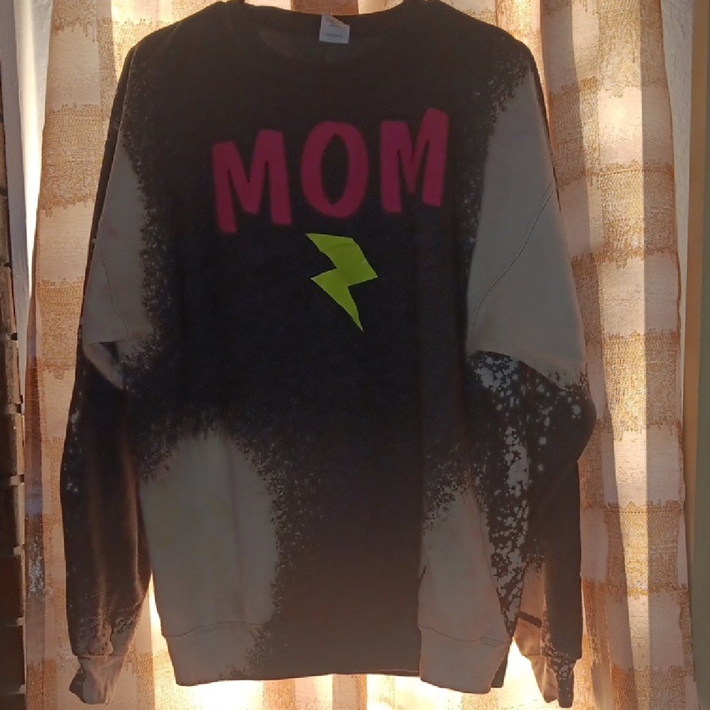 Bleached Sweatshirt With "MOM" in Neon Pink And Neon Yellow Lightning Bolt!